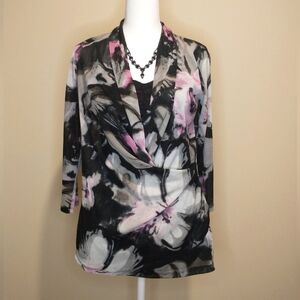 Simply French Black And Pink  Floral Print Sheer Wrap  Blouse